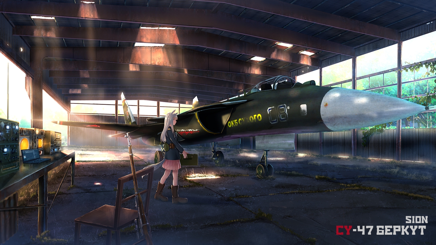 aircraft, animal_ears, aqua_eyes, boots, combat_vehicle, computer, gray_hair, gun, industrial, long_hair, original, scenic, shade, sion005, skirt, tail, weapon