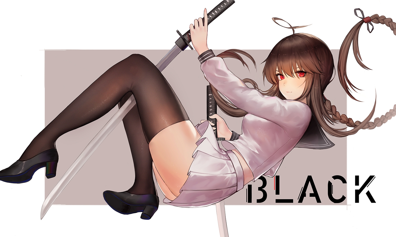 braids, brown_hair, katana, long_hair, ponytail, pre_(preecho), red_eyes, school_uniform