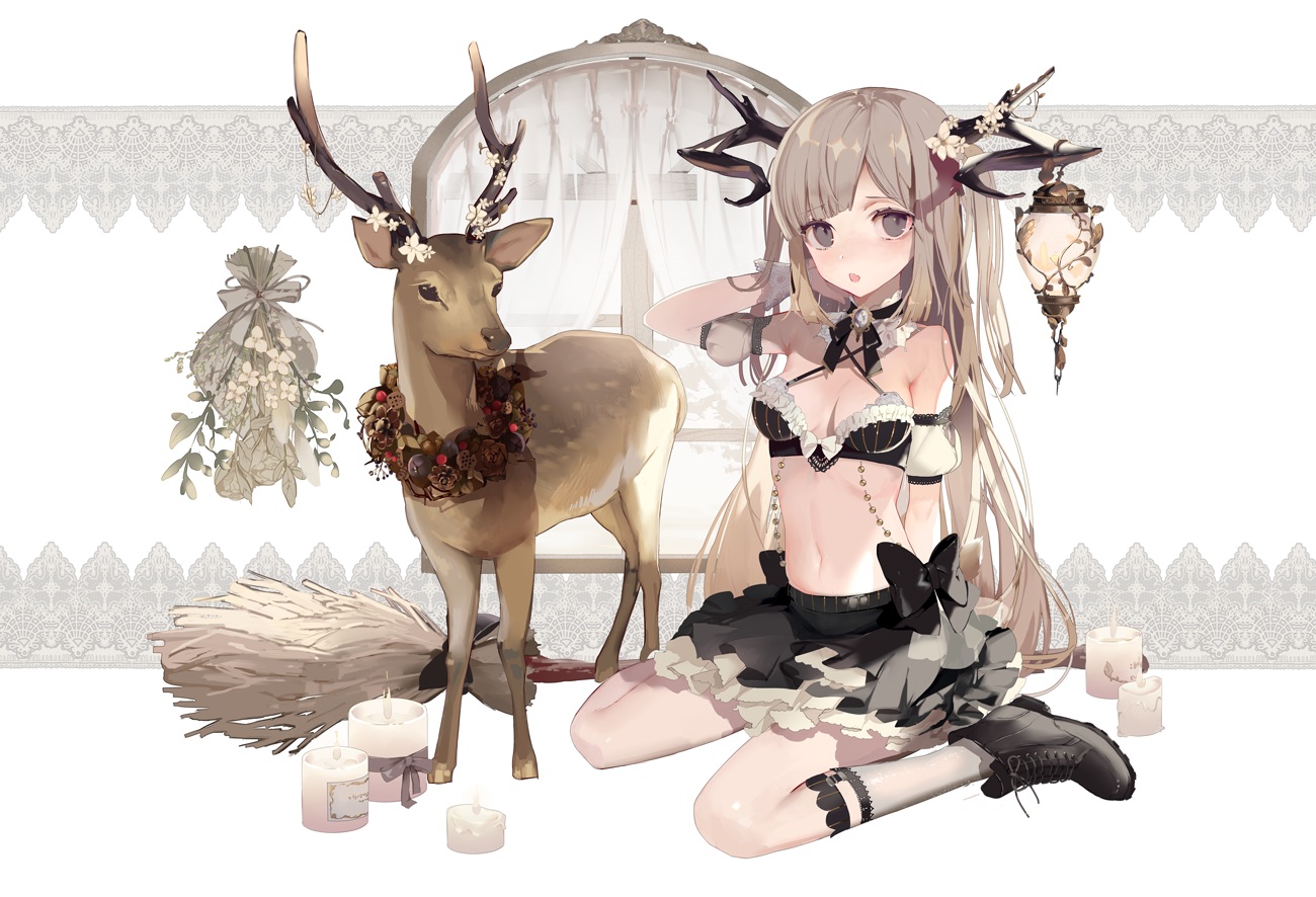 animal, boots, bow, breasts, brown_hair, flowers, horns, kneehighs