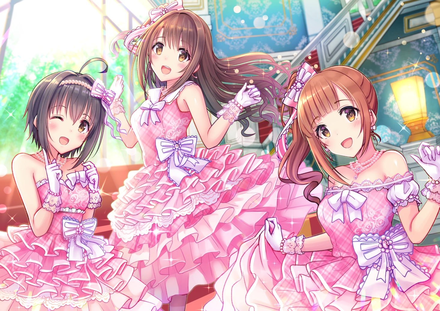 black_hair, blush, bow, brown_eyes, brown_hair, dress, gloves, idolmaster