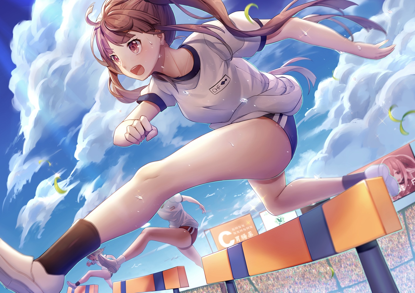 bloomers, brown_eyes, brown_hair, chariot.f, clouds, gym_uniform, long_hair, original, ponytail, sky, socks, sport
