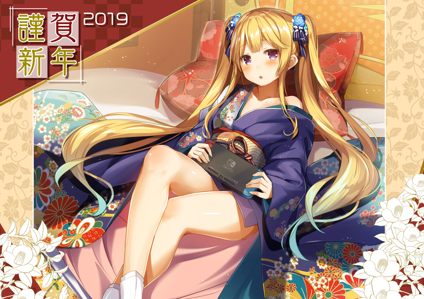 aqua_eyes, blonde_hair, blush, flowers, game_console, japanese_clothes, kimono, long_hair, original, socks, twintails, yu-yuuki