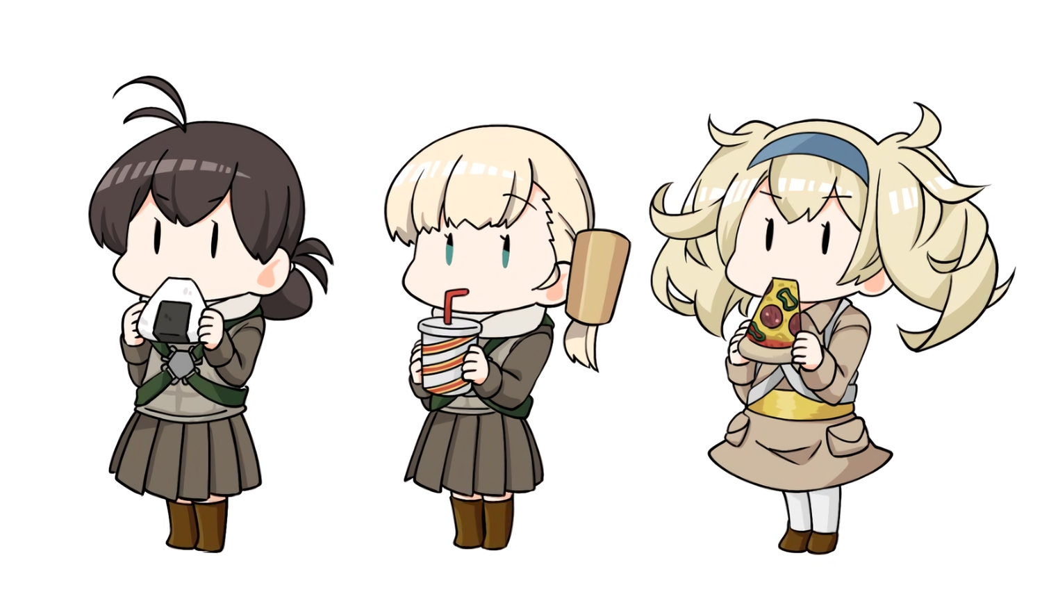 anthropomorphism, black_eyes, black_hair, blonde_hair, blue_eyes, boots, drink, fairy_(kancolle), food, fujinoki_(horonabe-ken), gambier_bay_(kancolle), headband, kantai_collection, kasuga_maru_(kancolle), long_hair, pantyhose, pizza, ponytail, short_hair, skirt, twintails, uniform, waifu2x, white