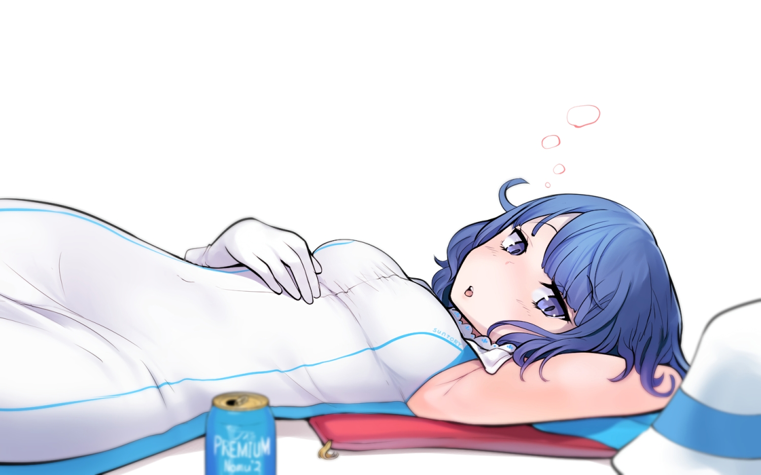 blue_eyes, blue_hair, dress, drink, gloves, hat, short_hair, suntory