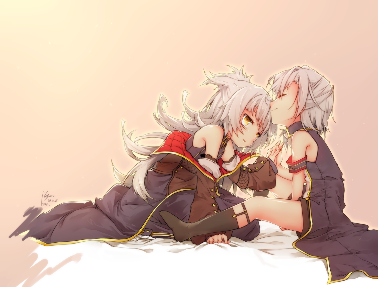2girls, anthropomorphism, azur_lane, garter, gradient, gray_hair, kneehighs, kusibu_yt