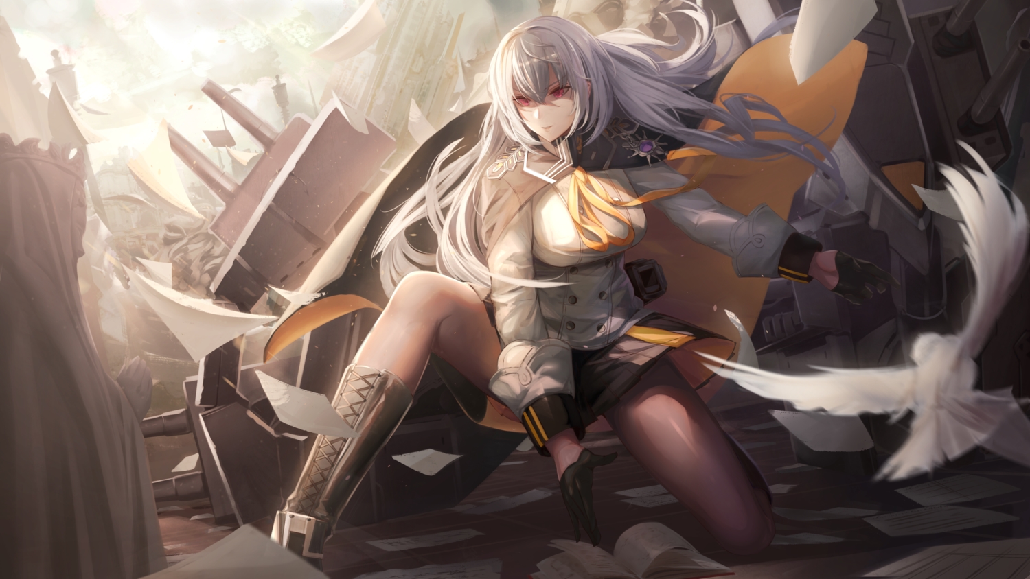 animal, anthropomorphism, bird, book, cape, clausewitz, gloves, long_hair, military, mrpeanut_88, pantyhose, paper, pink_eyes, skirt, steelblue_mirage, weapon, white_hair