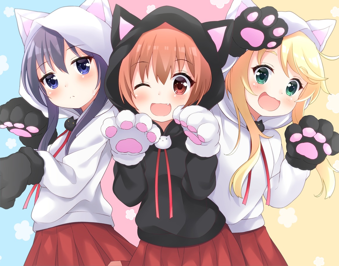 animal_ears, blonde_hair, blue_eyes, brown_eyes, brown_hair, catgirl, cat_smile, fang