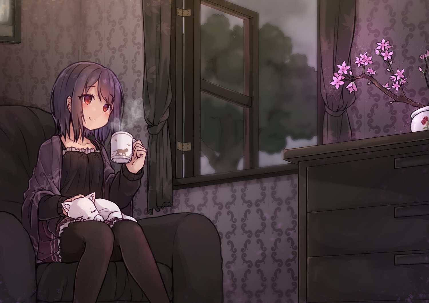 animal, black_hair, cat, clouds, drink, flowers, maka_neko, original