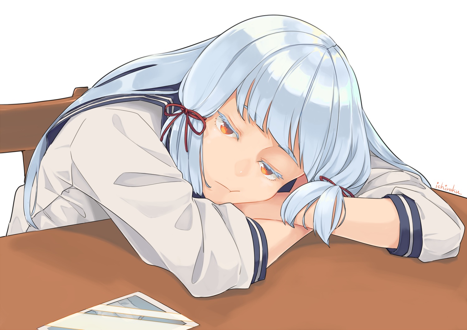 anthropomorphism, gray_hair, kantai_collection, long_hair, murakumo_(kancolle), orange_eyes, school_uniform, signed, ueno_(sakumogu-029)