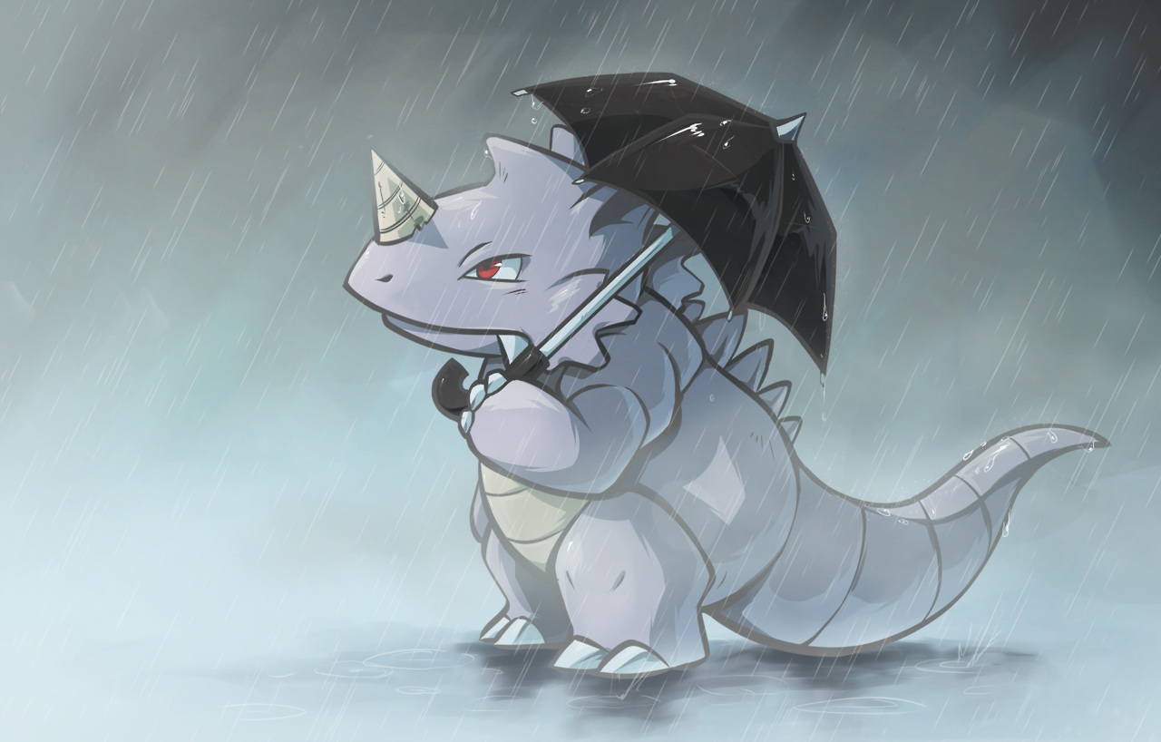 no_humans, pokemon, rain, rhydon, thumpleweed, umbrella, water
