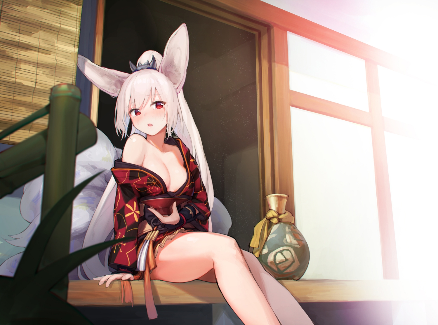 animal_ears, blade_&_soul, blush, breasts, cleavage, drink, foxgirl, japanese_clothes, kimono, long_hair, lyn_(blade_&_soul), multiple_tails, no_bra, ponytail, red_eyes, sake, shk955, tail, tears, white_hair