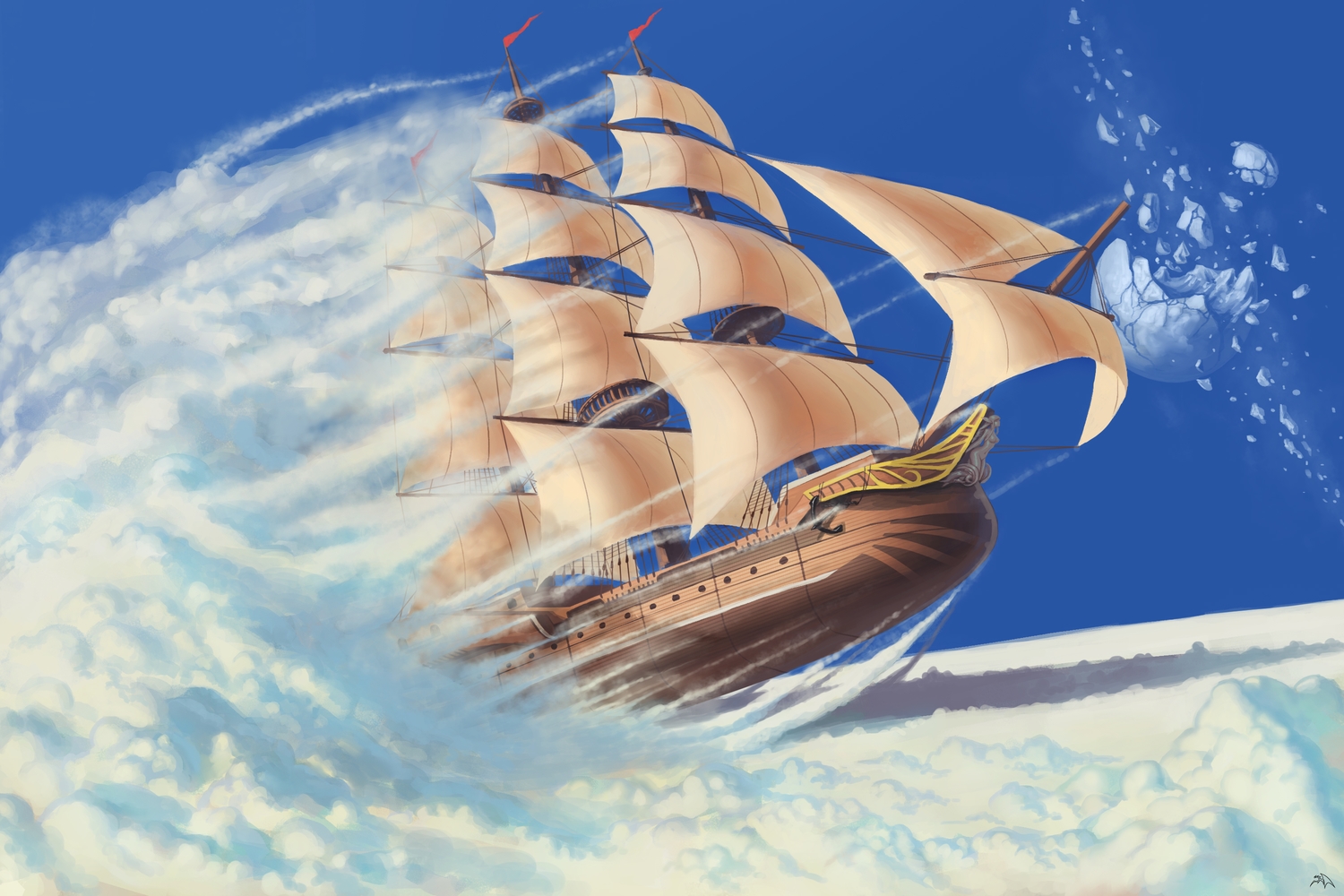 airship, boat, clouds, darkmuleth, moon, no_humans, original, scenic