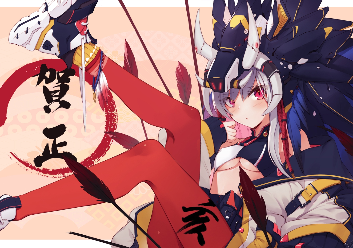 breasts, erect_nipples, feathers, gray_hair, headdress, horns, long_hair, no_bra, original, pantyhose, pink_eyes, ranyu, underboob
