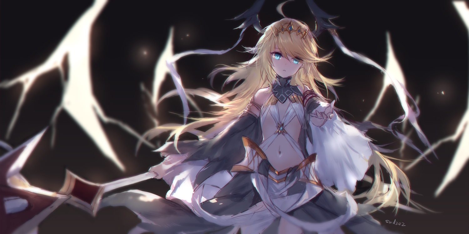 aqua_eyes, black, blonde_hair, horns, long_hair, navel, signed, sketch