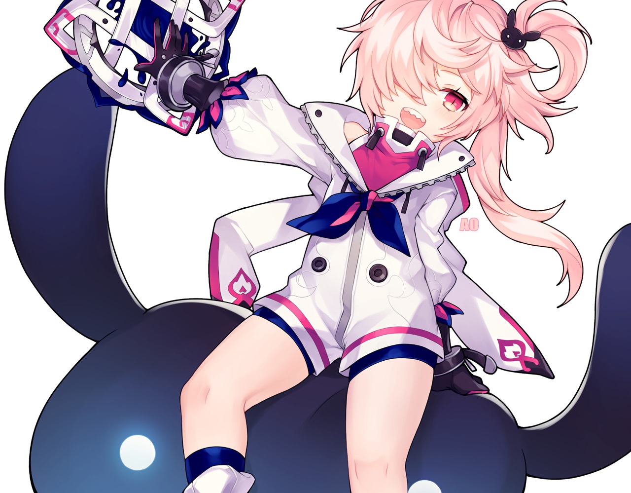 ao_jun, bike_shorts, elsword, gloves, laby_(elsword), loli, long_hair, nisha_(elsword), pink_eyes, pink_hair, ponytail, shorts, waifu2x, watermark, white
