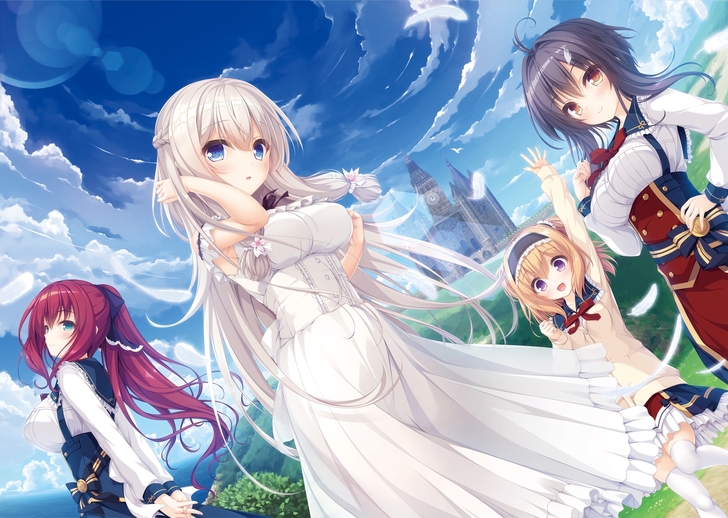 aino_miori, aqua_eyes, black_hair, blonde_hair, blue_eyes, blush, braids, breasts, brown_eyes, building, dress, feathers, gray_hair, group, kimihara_yua, long_hair, mikagami_mamizu, mishiro_alice, pieces/wataridori_no_somnium, ponytail, purple_eyes, red_hair, school_uniform, short_hair, skirt, takanashi_tsumugi, thighhighs, whirlpool