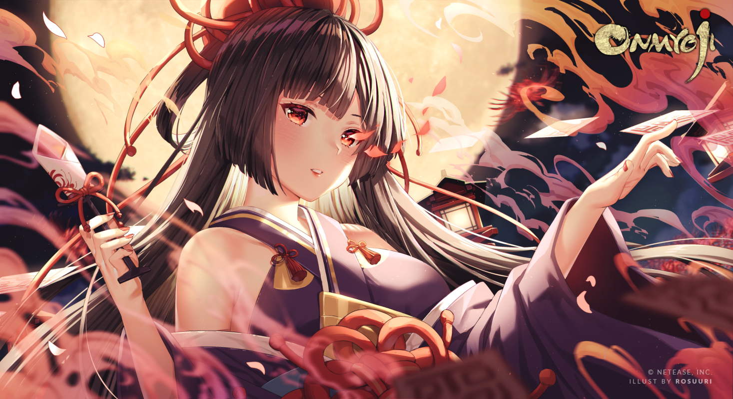 black_hair, blush, clouds, higanbana_(onmyouji), japanese_clothes, long_hair, moon, night