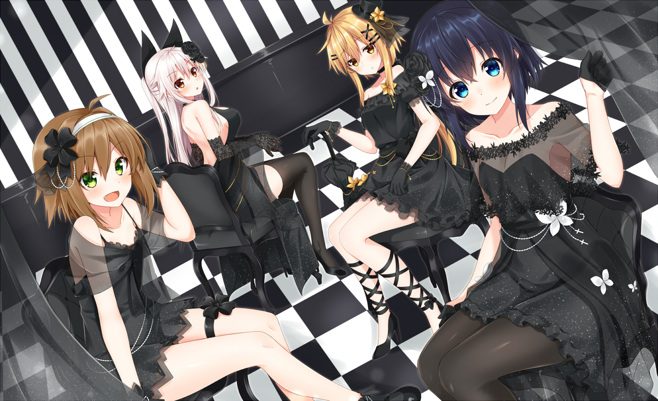 aqua_eyes, black_hair, blonde_hair, brown_hair, choker, dress, elbow_gloves, etna_(komori_kuzuyu)