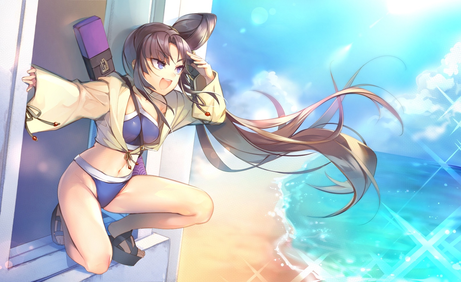 beach, bikini, blue_eyes, brown_hair, clouds, fate/grand_order, fate_(series), long_hair, mg_kurino, navel, ponytail, sky, swimsuit, ushiwakamaru_(fate/grand_order), water