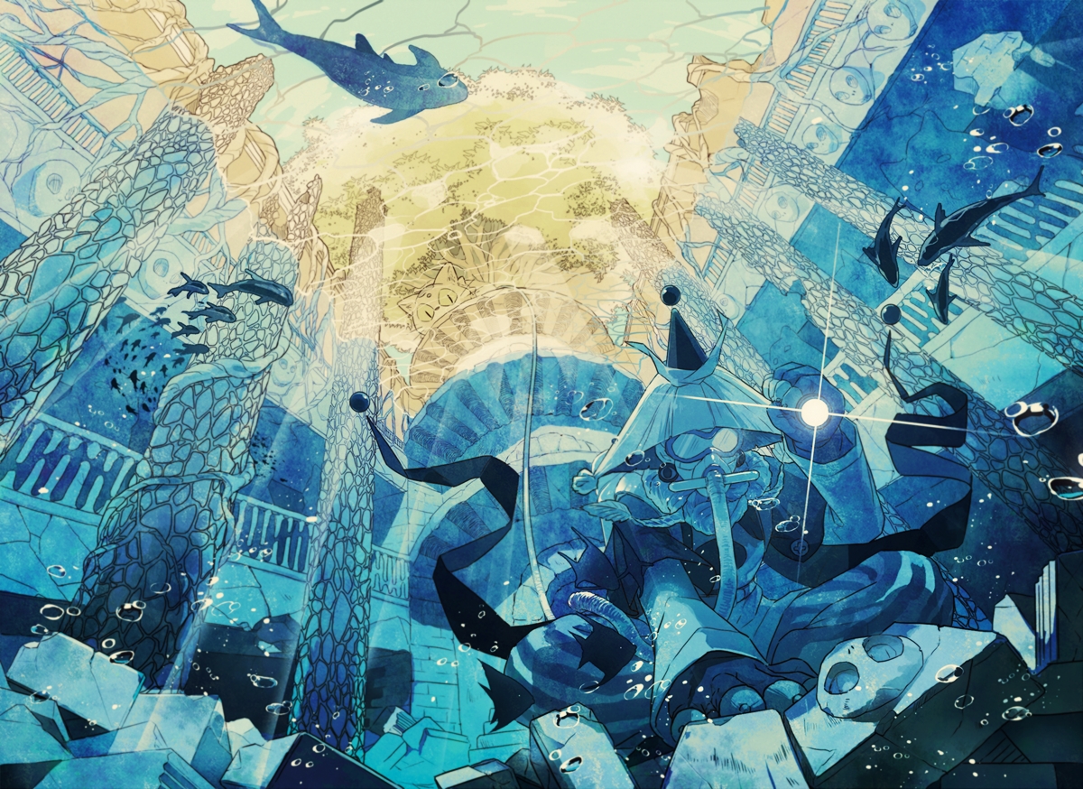 all_male, animal, bubbles, cat, fish, gloves, goggles, hat, houshin_engi, kokutenkou, male, mask, polychromatic, ruins, shinkouhyou, tomacobo, tree, underwater, water