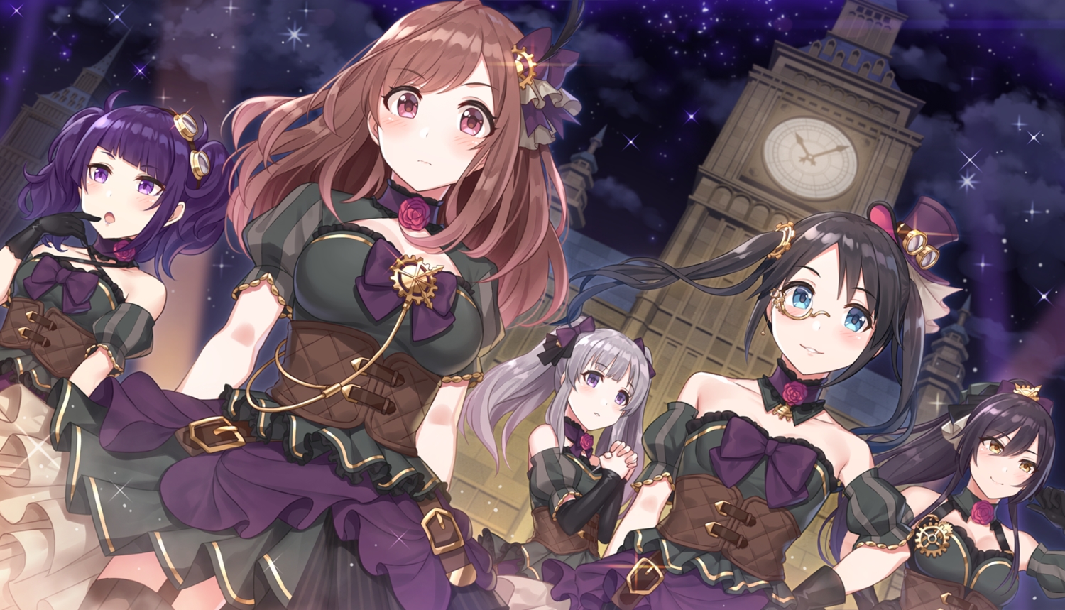 aqua_eyes, black_hair, blush, bow, brown_hair, clouds, flowers, gloves
