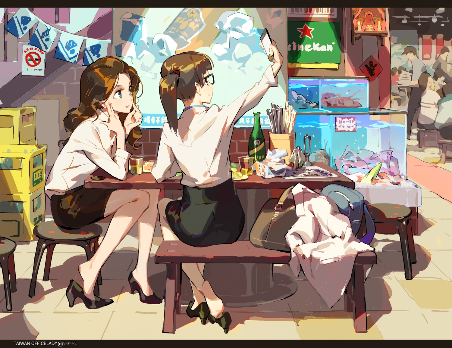 2girls, brown_hair, drink, food, glasses, green_eyes, original, phone