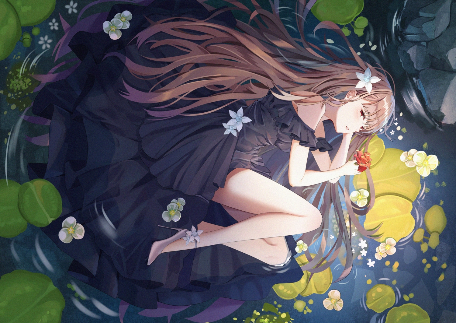 brown_eyes, brown_hair, dress, flowers, long_hair, mobu_(wddtfy61), original, water