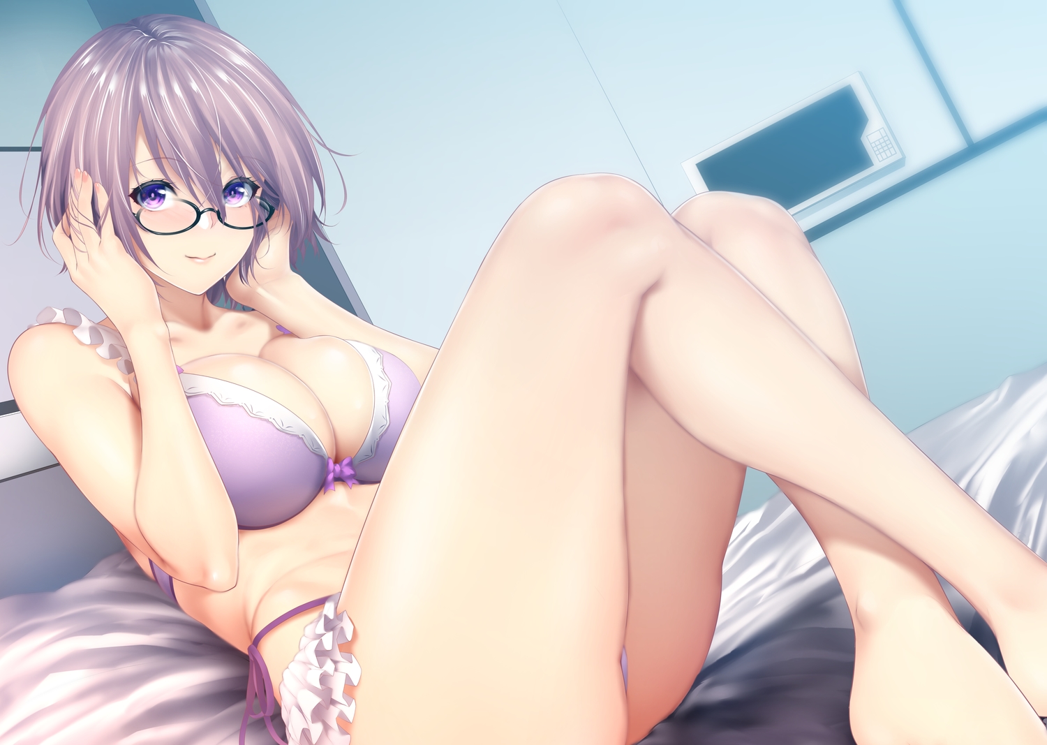 barefoot, bed, bra, breasts, cleavage, cropped, fate/grand_order, fate_(series), glasses, mash_kyrielight, panties, purple_eyes, purple_hair, short_hair, underwear, zucchini