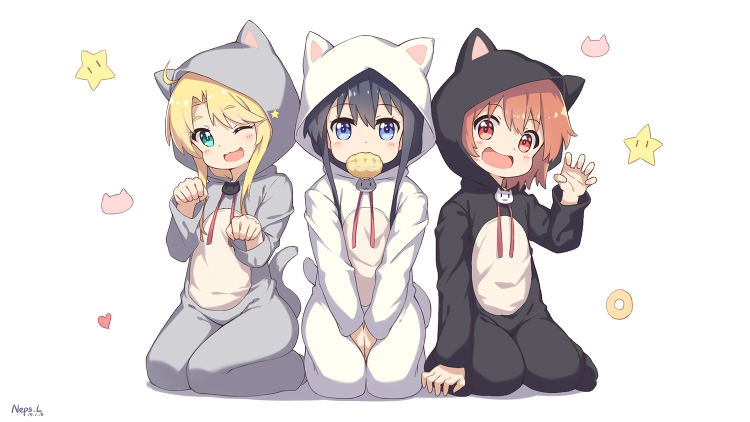 animal_ears, black_hair, blonde_hair, blue_eyes, brown_hair, cat_smile, food, green_eyes