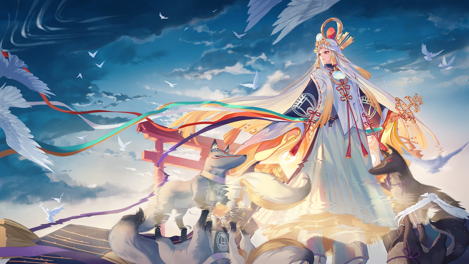 animal, bird, clouds, criin, long_hair, miketsu_(onmyouji), onmyouji, red_eyes, reflection, sky, torii, white_hair, wolf