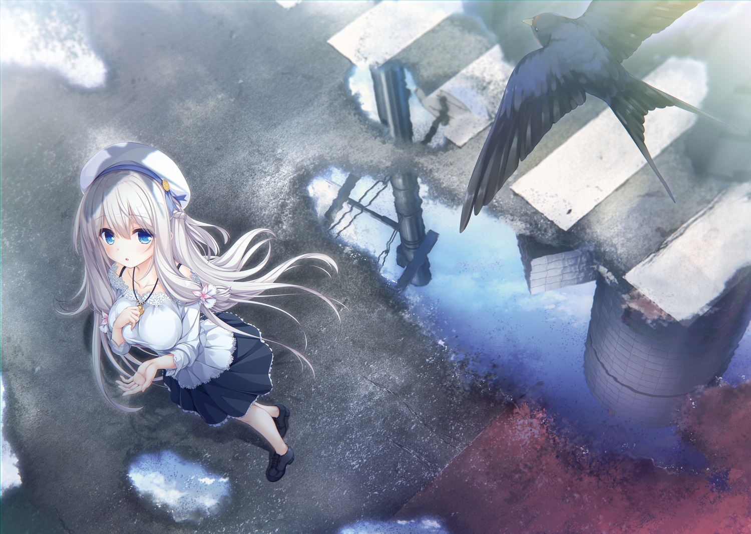 animal, bird, blue_eyes, breast_hold, hat, kimihara_yua, long_hair, mikagami_mamizu, necklace, pieces/wataridori_no_somnium, reflection, skirt, whirlpool, white_hair