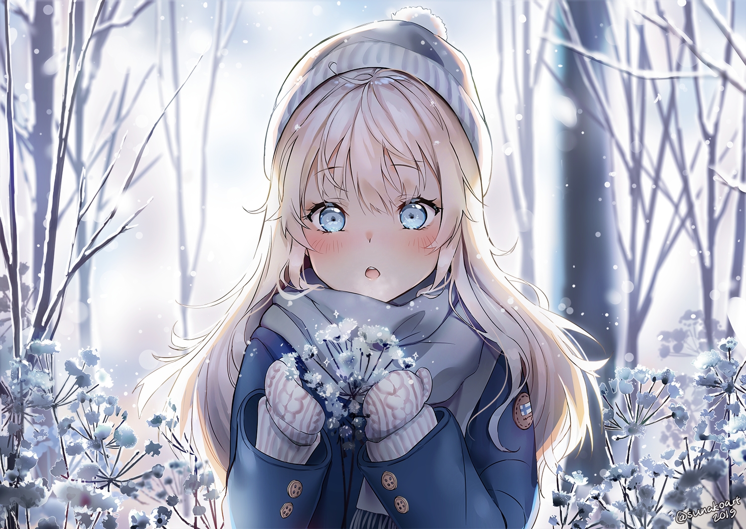 aqua_eyes, blonde_hair, close, gloves, hat, long_hair, original, scarf, signed, snow, sunako_(veera), tree, winter