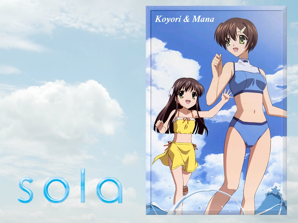 bikini, brown_hair, clouds, green_eyes, ishizuki_koyori, ishizuki_mana, long_hair, short_hair, sky, sola, swimsuit, water