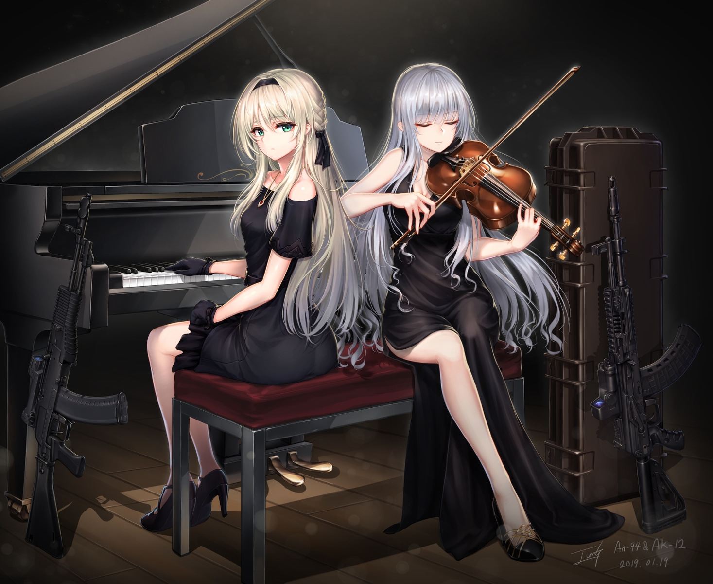2girls, ak12_(girls_frontline), an94_(girls_frontline), anthropomorphism, baek_hyang, blonde_hair, braids, dress, girls_frontline, gray_hair, green_eyes, gun, headband, instrument, long_hair, necklace, piano, signed, violin, weapon