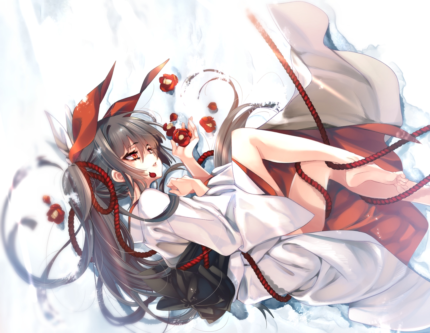 barefoot, brown_hair, flowers, japanese_clothes, kamizuki_shiki, kimono, long_hair, orange_eyes