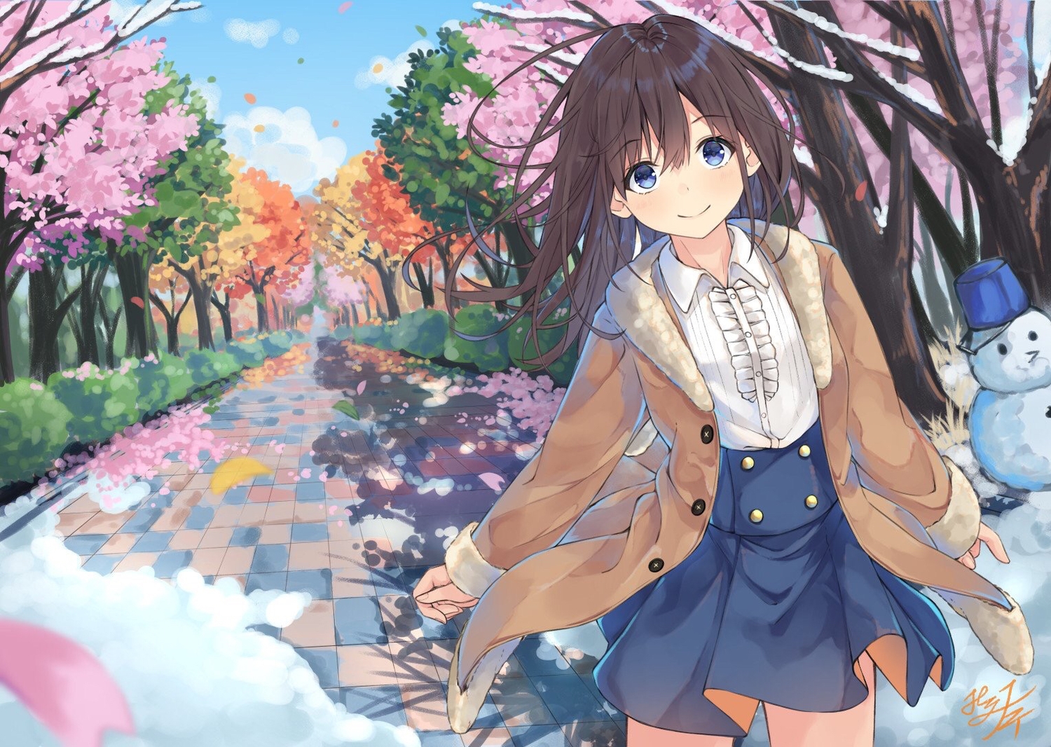 autumn, blue_eyes, brown_hair, cherry_blossoms, flowers, long_hair, miko_fly, original