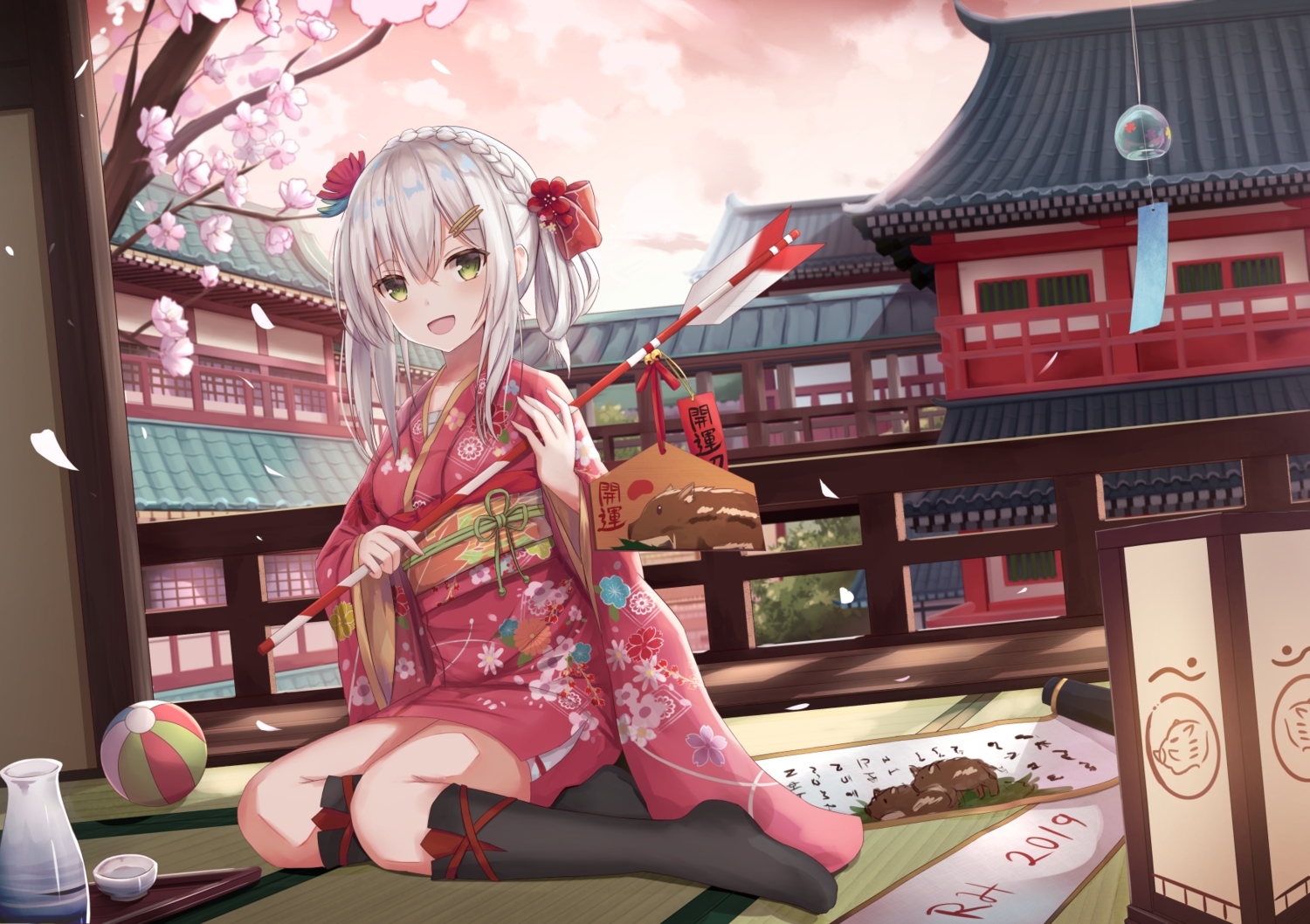 ball, braids, building, cherry_blossoms, clouds, drink, flowers, green_eyes