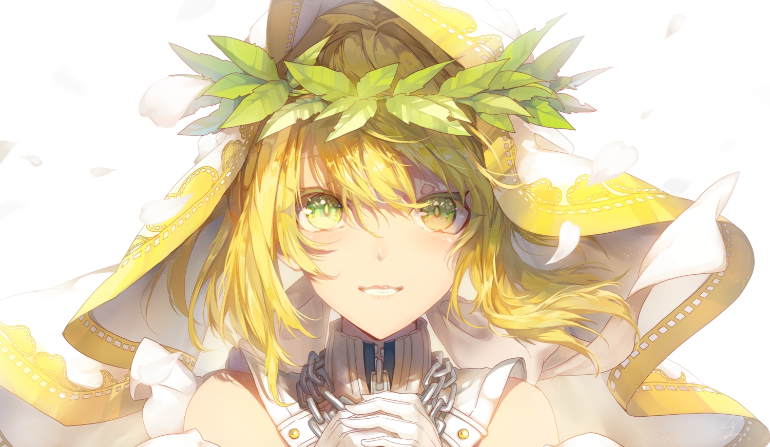 blonde_hair, chain, close, fate/grand_order, fate_(series), gloves, green_eyes, headdress