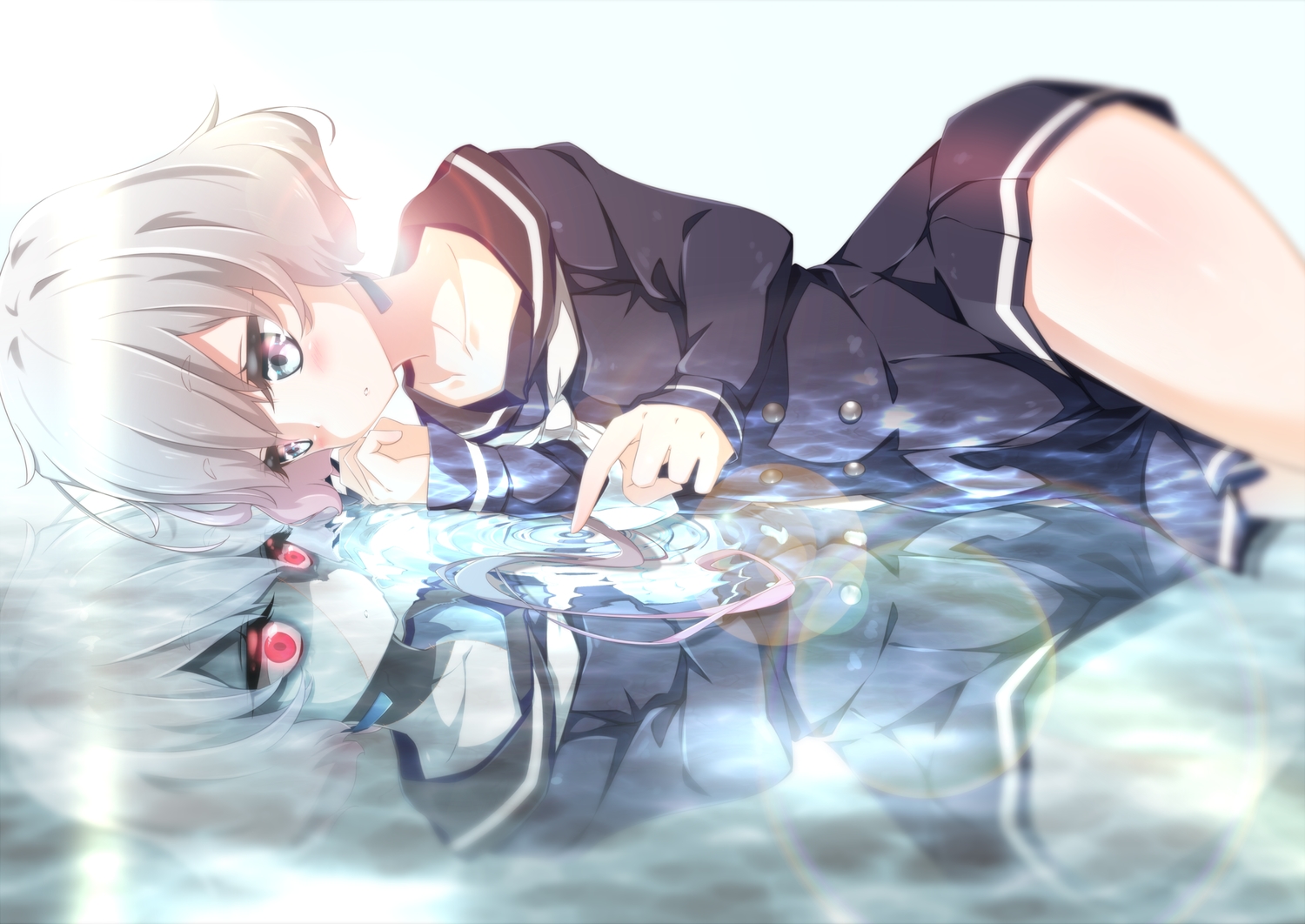 akira_irodori, blue_eyes, konno_junko, red_eyes, reflection, short_hair, water, white_hair, zombie_land_saga