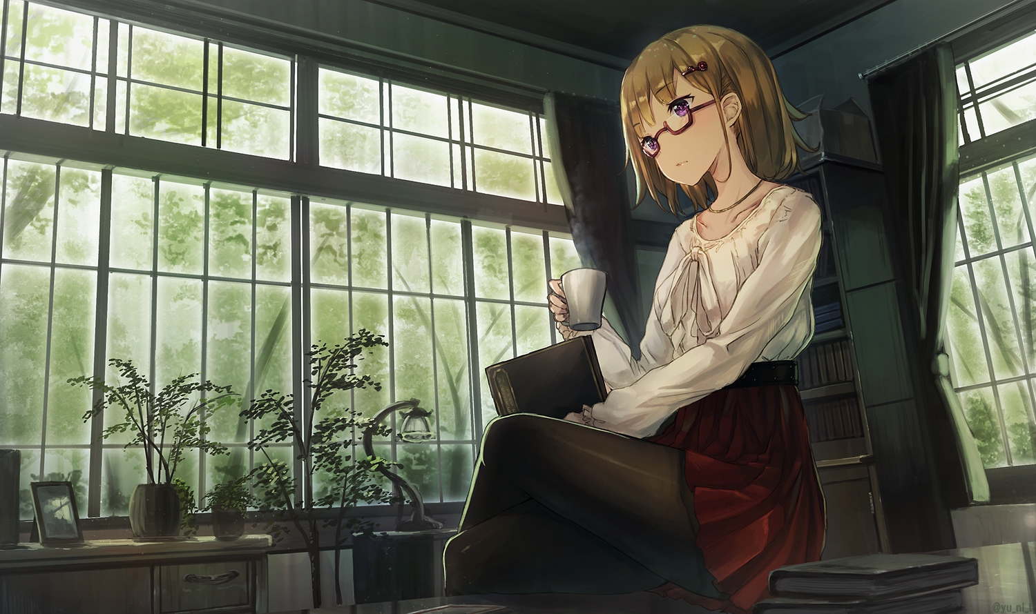 book, brown_hair, drink, glasses, green, original, pantyhose, purple_eyes