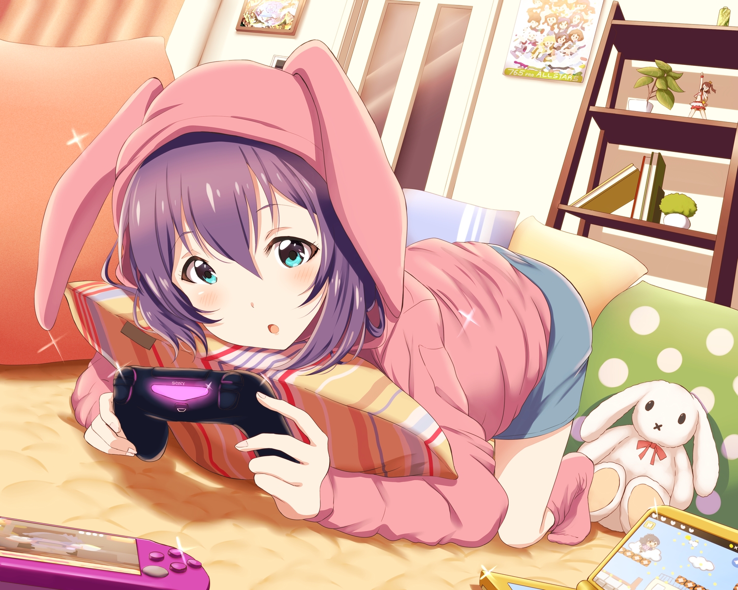 animal_ears, aqua_eyes, book, bunny, game_console, hood, idolmaster, idolmaster_million_live!