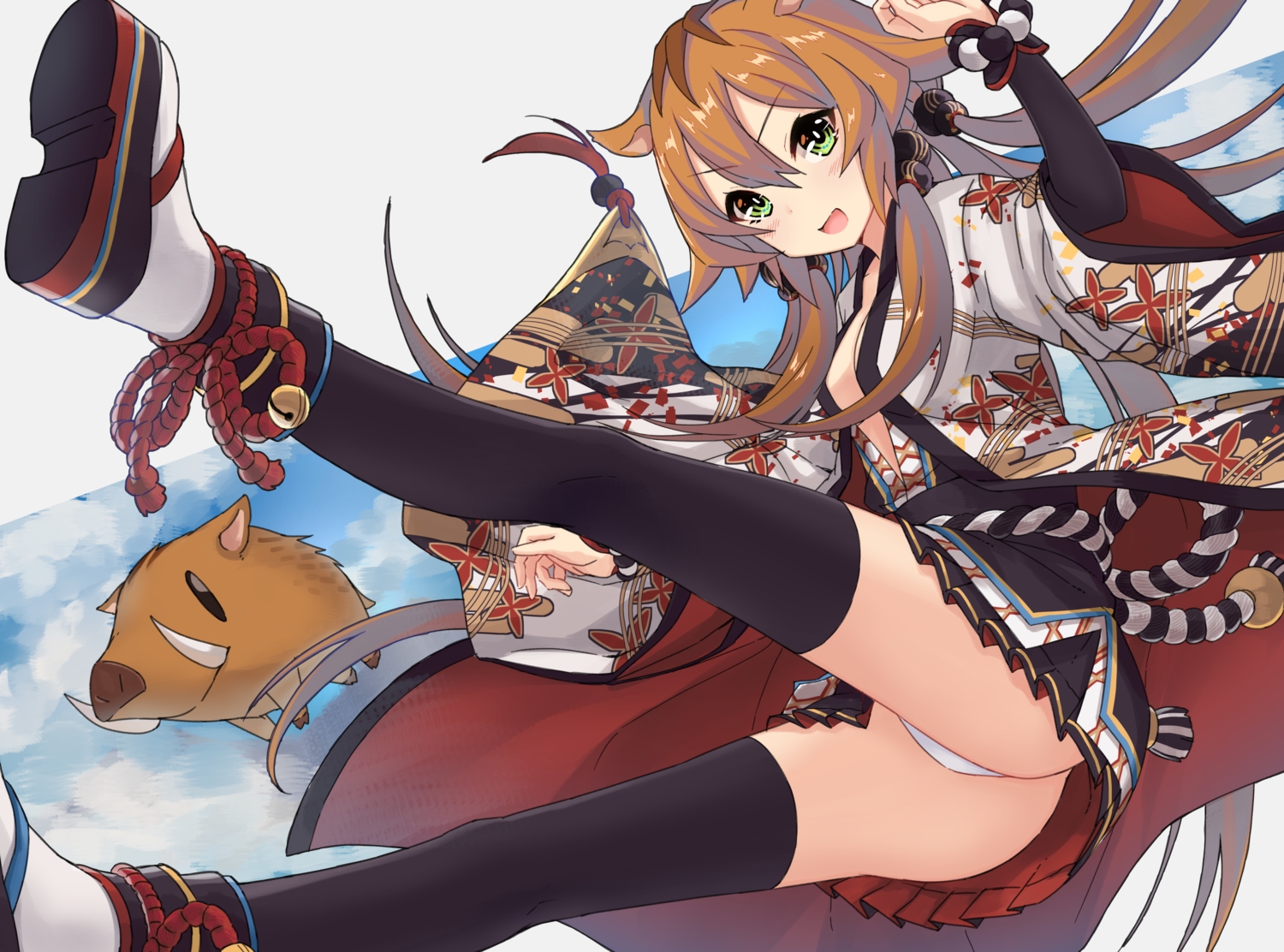 animal, ass, bell, blonde_hair, boots, breasts, cleavage, green_eyes