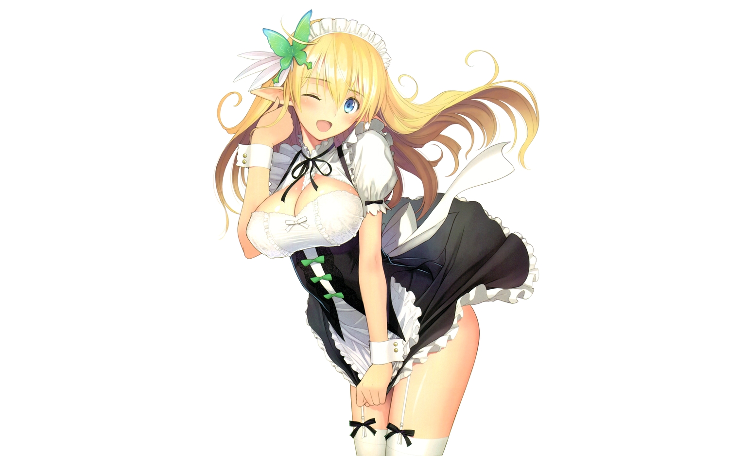 aqua_eyes, blonde_hair, blush, breasts, cleavage, long_hair, maid, pointed_ears