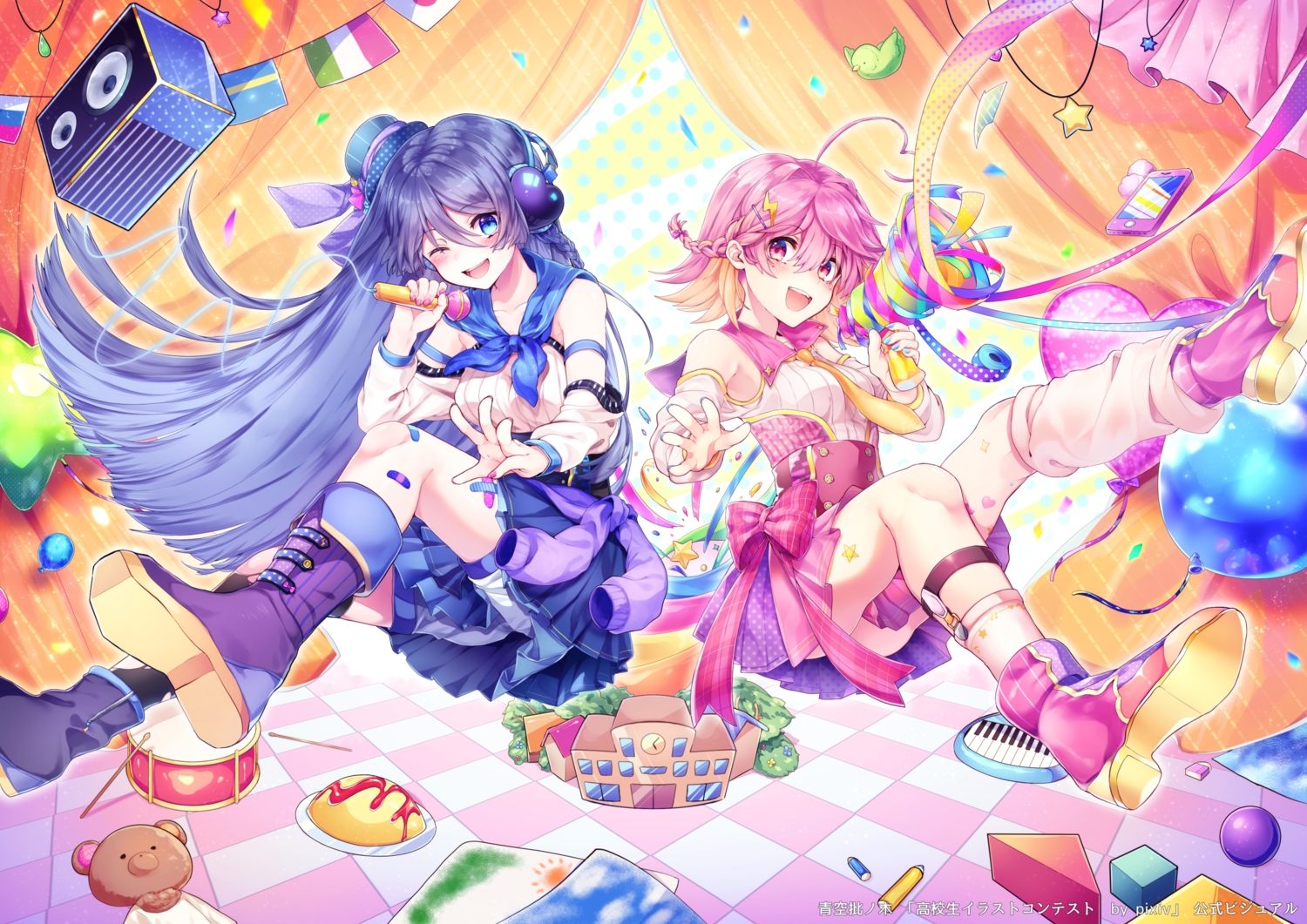 2girls, aosoraa6, aqua_eyes, bandaid, blue_hair, boots, braids, food, hat, headphones, instrument, long_hair, microphone, original, pink_eyes, pink_hair, short_hair, skirt, wink