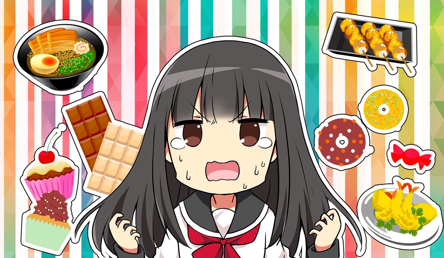 black_hair, brown_eyes, cake, candy, chijou_noko, chikanoko, chocolate, close
