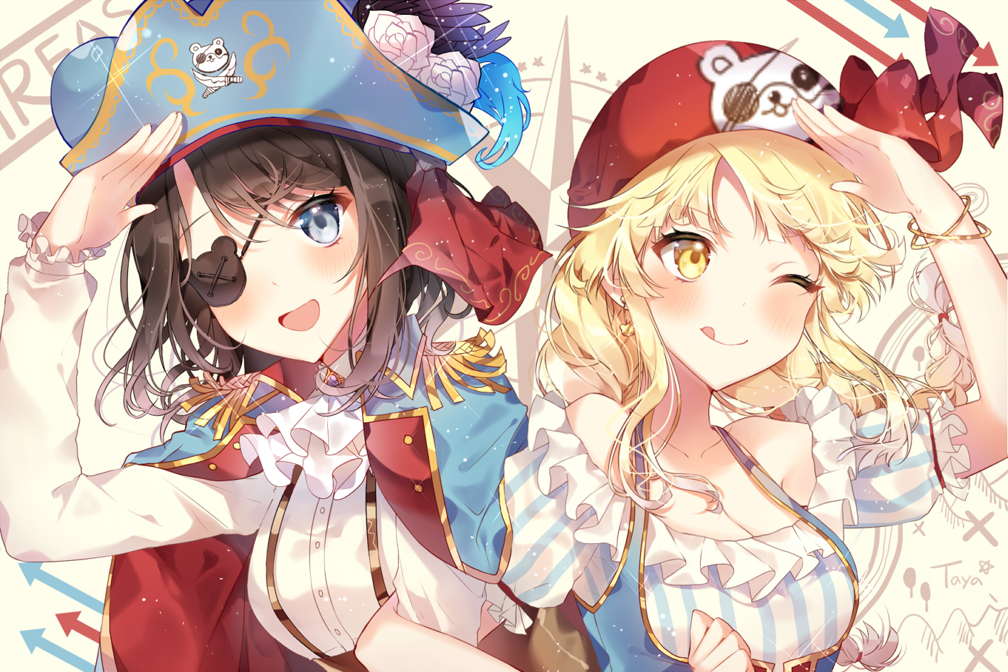 2girls, bang_dream!, blonde_hair, blue_eyes, blush, braids, breasts, cleavage