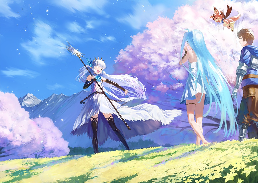 aqua_hair, armor, brown_eyes, brown_hair, dress, garter, granblue_fantasy, gran_(granblue_fantasy)
