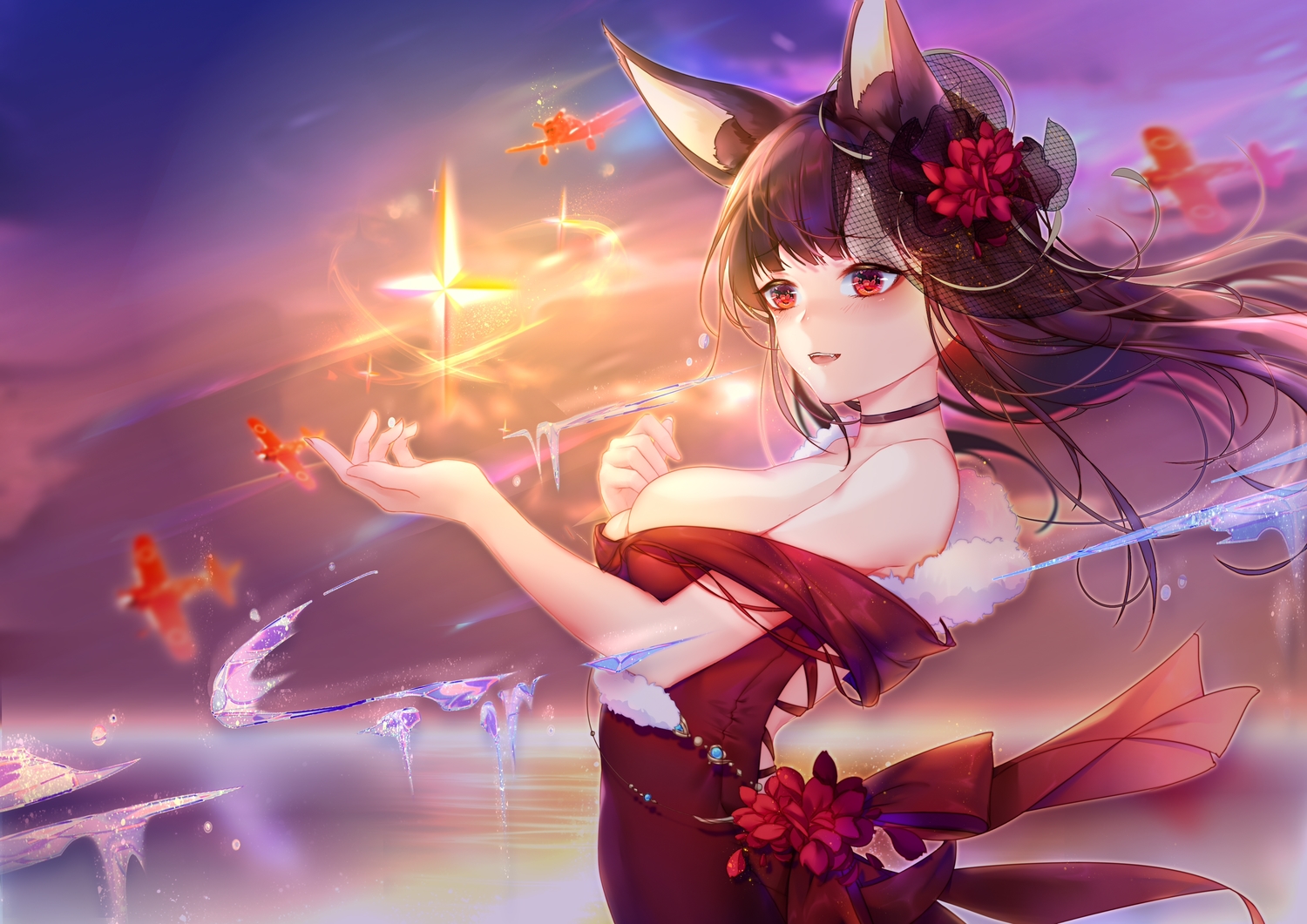 aircraft, akagi_(azur_lane), animal_ears, anthropomorphism, azur_lane, black_hair, breasts, choker, clouds, dress, fang, foxgirl, irisrey, long_hair, red_eyes, sky, sunset, water