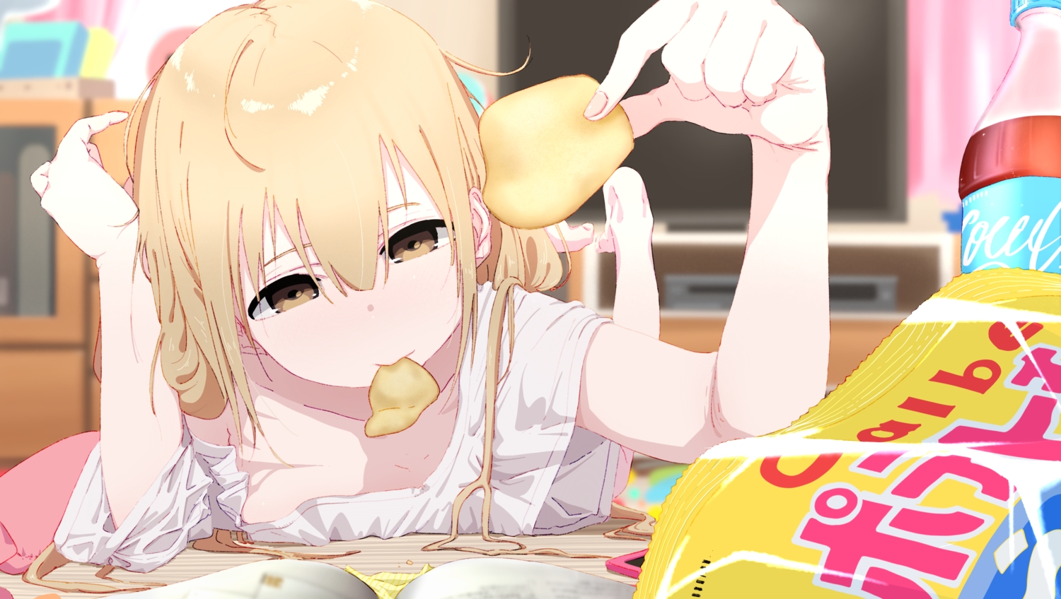 barefoot, blonde_hair, bouen, brown_eyes, drink, food, futaba_anzu, idolmaster