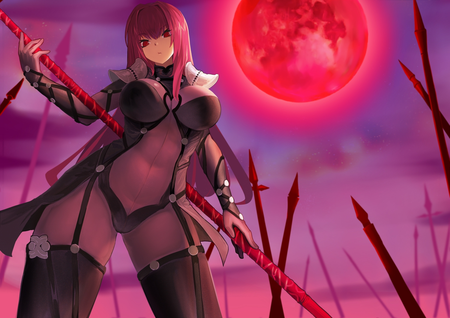 armor, bodysuit, fate/grand_order, fate_(series), jack_(darkshero), long_hair, moon, purple_hair, red_eyes, scathach_(fate/grand_order), skintight, spear, weapon
